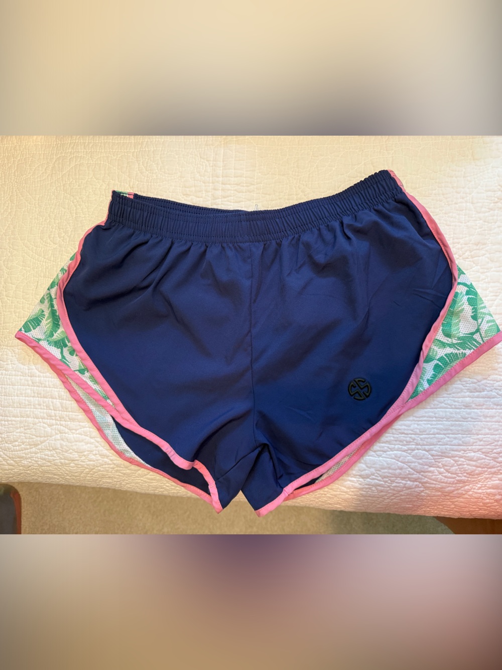 Simply Southern Navy Athletic Shorts with Pink Trim and Green Leaf Accent, Large